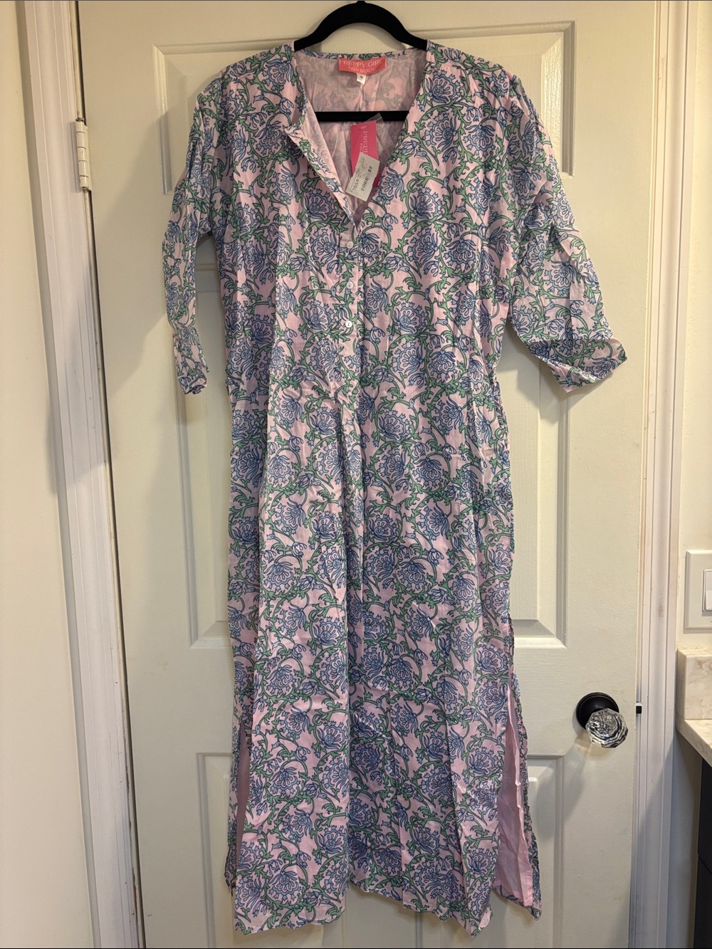 Pink Floral Maxi Dress with Blue and Green Print